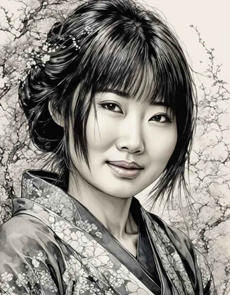 Japanese woman immersed in a joyous moment, intricate line work, art nouveau elements, crosshatching to create dynamic texture, strong contrasts, monochromatic ink technique, inspired by SERGIO TOPPI, dramatic lighting, ultra fine, highly detailed,kodew