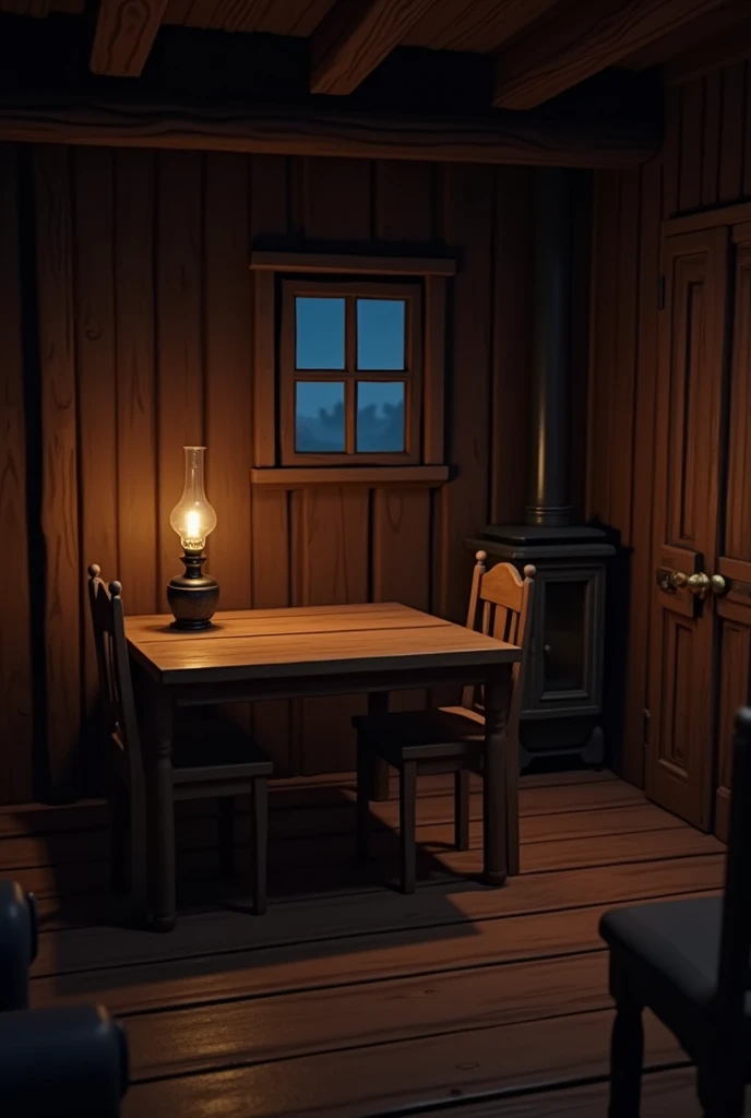  Night with a rustic wooden living room with a small window and a door and a wooden table with four chairs around the table and an antique oil lamp on a small shelf and a small fireplace stove 