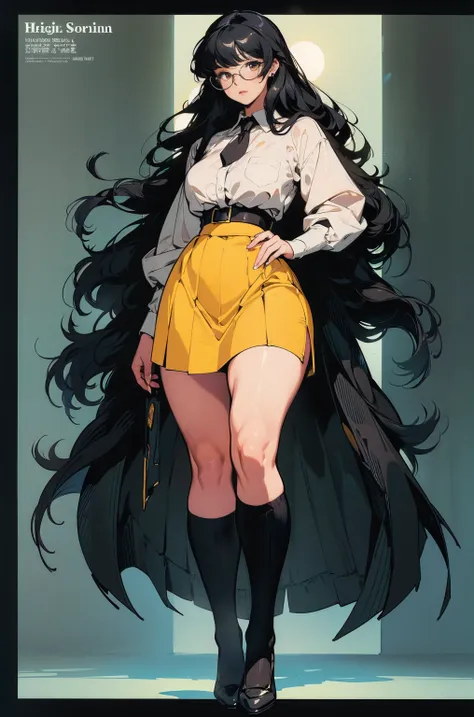 (best lighting), (best quality, masterpiece:1.2), (character sheet same character), illustration by hajime sorayama, perfect body, hyperfeminine curves, woman, 2, (((very long black hair))), yellow eyes, glasses, thick, curvy, high fashion, short socks, sk...