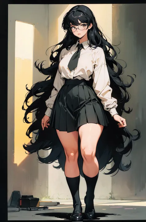 (best lighting), (best quality, masterpiece:1.2), (character sheet same character), illustration by hajime sorayama, perfect body, hyperfeminine curves, woman, 2, (((very long black hair))), yellow eyes, glasses, thick, curvy, high fashion, short socks, sk...