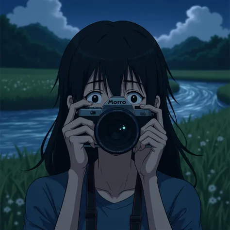 Young man with long black hair taking a photo in the mirror covering his face with the professional camera in a field at night with a river in the background, Studio Ghibli style