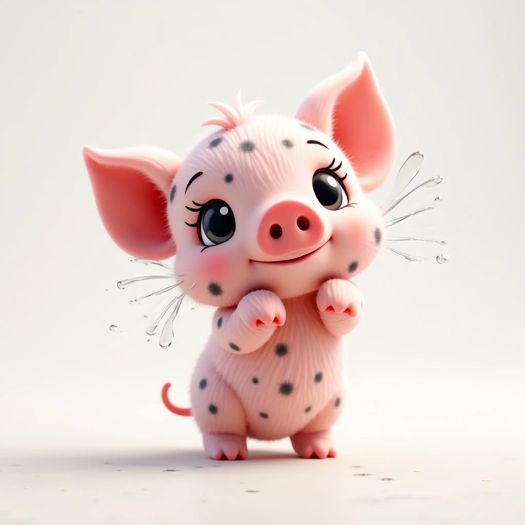 Piglet Chibi Cute Pink Unreal Model Graphics Big Eyes Big Head 1.8 Focus on the pig, it has fluffy fur on its body, its body and face have black spots on its face, right eye is wet, it is shedding fur, shaking its head, shaking its body vigorously to get w...