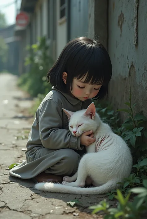 draw a female white cat whose skeleton is visible and she is weak and she is sleeping on the roadside. show that a small girl in grey frock holds the cat in her hands.