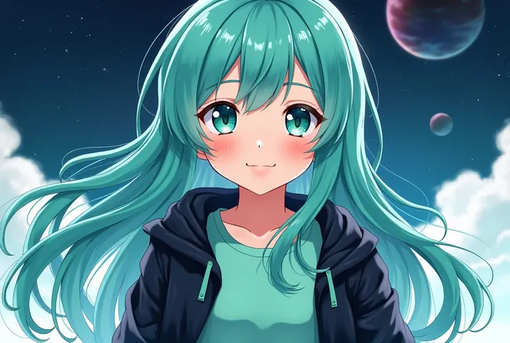 make a anime girl mint hair and eyses,waring black jecket and mint Colour t-shirt, Space in her background,High Resolution, Long Hair, Smile, 