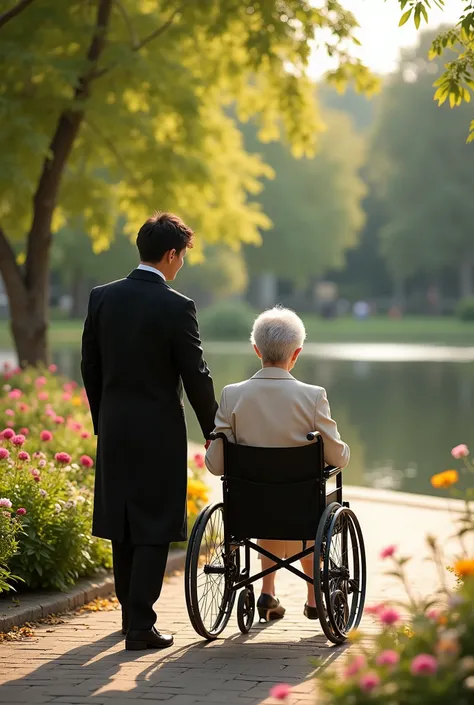 An elegant elderly woman is sitting in a wheelchair, being pushed by a well-dressed, handsome young man who is pointing ahead. The elderly woman is looking in the direction he is pointing. They are in a park where people are jogging, with a pond, lush gree...