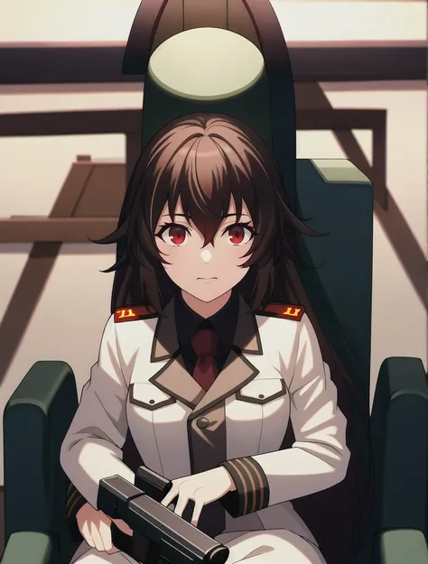 (dark shot:1.1), epic realistic,   , military uniform, brown hair, red eyes, full body, gun in hand, (teal and orange:0.4),  nsfw,  adult female, partialy nude, throne 