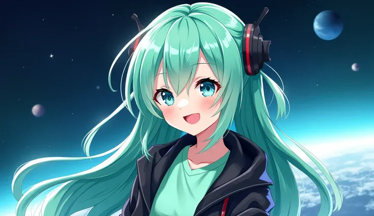 make a anime girl mint hair and eyses,waring black jecket and mint Colour t-shirt, Space in her background,High Resolution, Long Hair, Smile, 