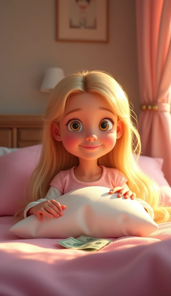 A pixar style of a smiling  blonde girl with silky hair getting money from under her pillow in her room