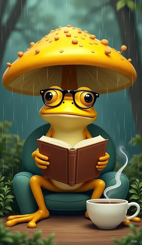 A yellow frog wearing glasses, holding a book, sitting on a chair, with a table in front of him, with a cup of coffee on it, under a large yellow mushroom protecting him from the rain.