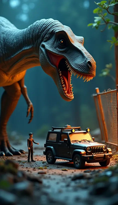 photorealistic photograph of a miniature dinosaur park, detailed T-rex dinosaur, jeep car, miniature humans, destroyed barricade fence, dim-lit, night, wide shot,