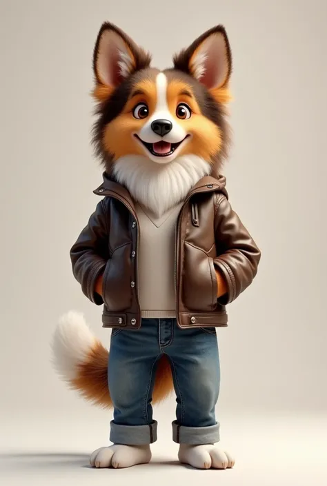 A collie dog wearing a leather jacket and jeans is standing on two legs,cute,puppy,smile,whole body,Alone,Real