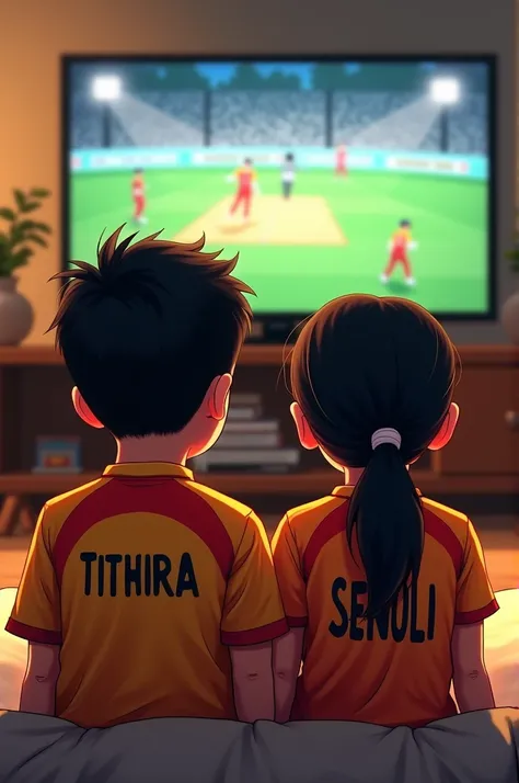 Boy watch a cricket match on tv, and he is wearing sri lanka cricket t-shirt name Tithira on it.his sister also on this picture and she also wearing sri  lanka cricket t-shirt and name Senuli on it