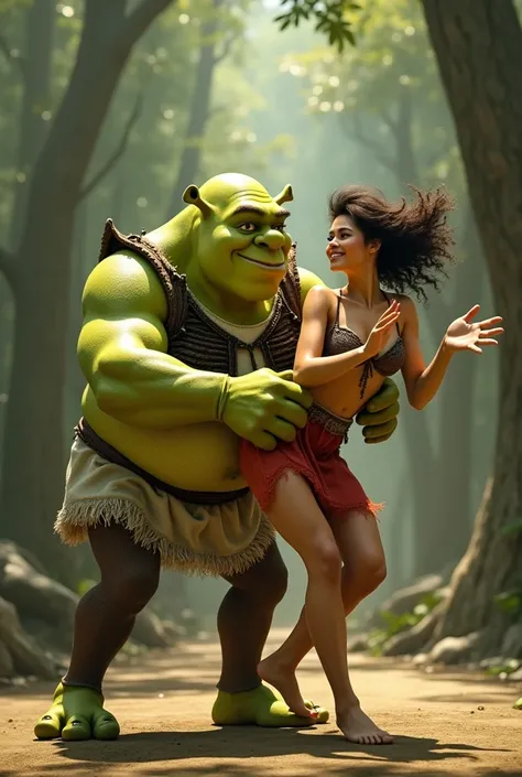 Shrek practicing capoeira with Monica.