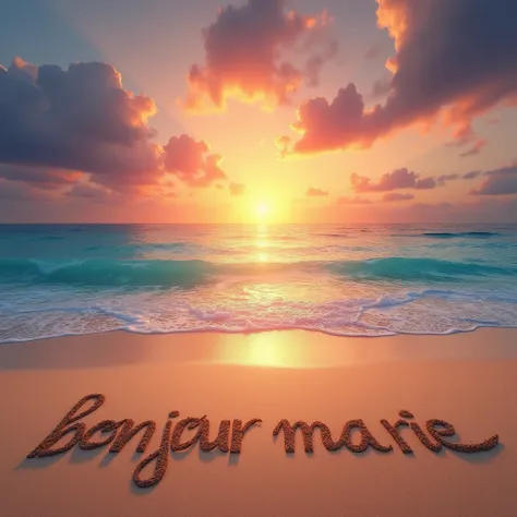 a beautiful sunrise over a magnificent beach with turquoise blue sea, "bonjour Marie" written in the sand, dramatic lighting, golden hour, cinematic, highly detailed, photorealistic, 8k, best quality, masterpiece, ultra-detailed, vivid colors, cinematic li...