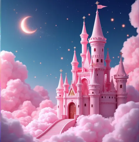 Creative poster 3D effect pink castle space on the right sky fantasy fantastic pink clouds blue sky