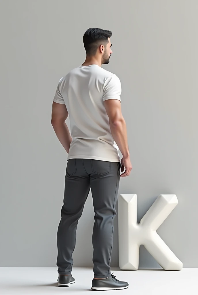 Stand a  man wear  pant tshirt side with 3d letter K