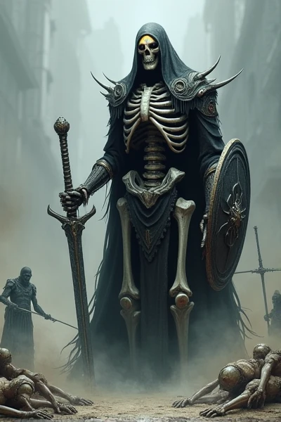 The man who controls the skull,Skeleton holding a sword,Skeleton holding a shield,Warring Skull,Giant Skeleton