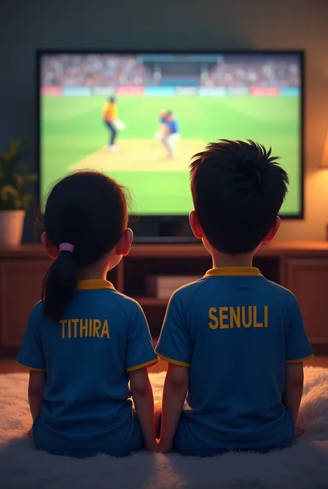 Boy watch a cricket match on tv, and he is wearing sri lanka cricket t-shirt name Tithira on it.his sister also on this picture and she also wearing blue colour Sri  Lanka cricket t-shirt and name Senuli on it