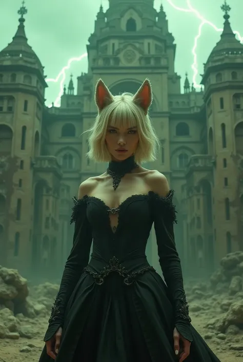 A beautiful young woman, fierce eyes, stunning black dress ,blonde short hair, bangs, a sharp claw, wolf ears, outside border palace background, war, magic like green lighting, 6 feet height 