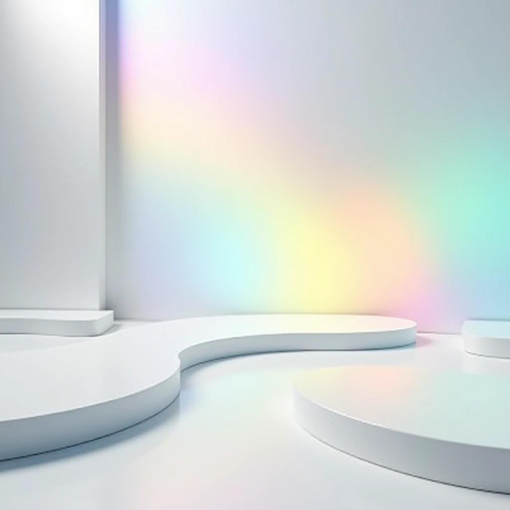 White background，Light silver gradient background with rainbow reflections，There are arcs and curves at the bottom of the picture，Abstract Style，Soft Edges，High-resolution，3D Rendering，Bright colors，No shadows on foreground elements，Rich in details。The ove...