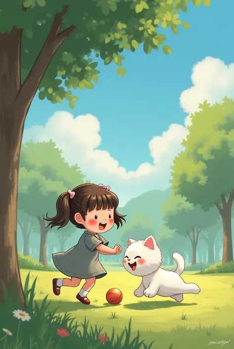 draw a small girl with grey frock who is playing with the female white cat. show that they are in the park and playing with the ball. show that they both are happy.