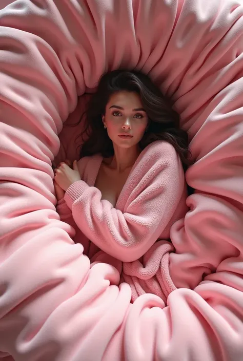 a beautiful woman wearing a fleece sweater is inside a huge pink worm plushie, she is getting sucked inside into the plushie, as a huge cloth wraps around her gripping her tight, looking at the scene of the top-down view, 8k octane, highest quality