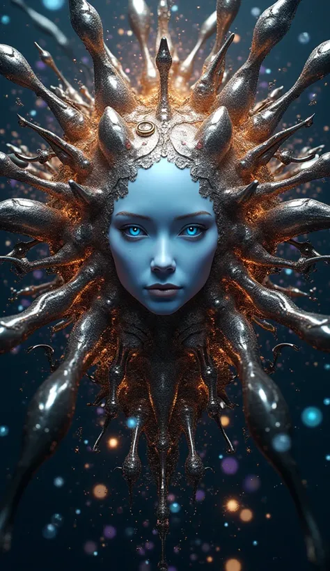 A captivating cinematic poster featuring a mysterious, humanoid face emerging from a mesmerizing array of fragmented, metallic, and digital elements. The elements are dispersed in a radial pattern, creating an otherworldly, dark fantasy atmosphere. The fac...