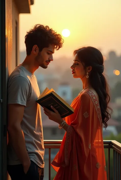 
In the late afternoon, a young man in a t-shirt and pants listens to his sari-clad girlfriend reading a Devdas novel on the balcony, while the girl looks at the boy in awe