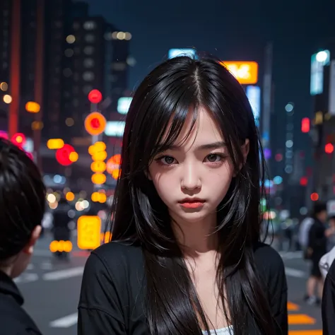 1girl, Tokyo street,night, cityscape,city lights, upper body,close-up, 8k, RAW photo, best quality, masterpiece,realistic, photo-realistic,