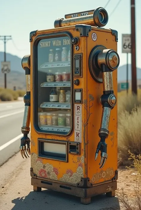 Vending machines have Japanese arms and two legs., robot  ，antique，Kura Sushi vending machine,８K-Photo,IN.S. route 66