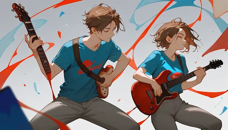 (score_9,score_8_up,score_7_up),1male,brown hair, short grey pant, blue shirt and lligh blue t-shirt, painting pose chilling, and 1 female Twins with red tshirt play a red guitar