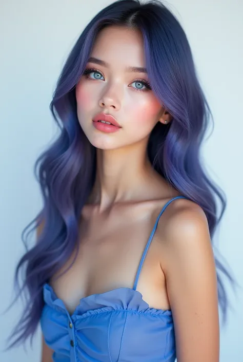 photorealistic,Very detailed, 4K,Very realistic, Hyperrealism, Ultra-realistic, Best Quality,(masterpiece,Soft lighting, Stylish eyes with attention to detail: 1.2),(cute),15 YO,Lipstick advertisement,Sleeveless,Sheer blue tube top,girly style,Fashion stud...