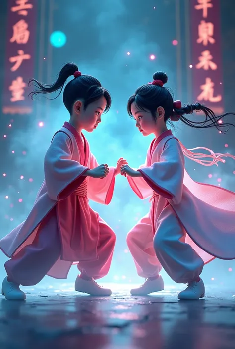 A handsome Chinese boy and girl competition, full body, combat posture, sharp eyes, clear facial features, wearing Hanfu, runes around, holographic reality, holographic halo, motion blur, game light effects, edge light, soft light, movie edge light, delica...