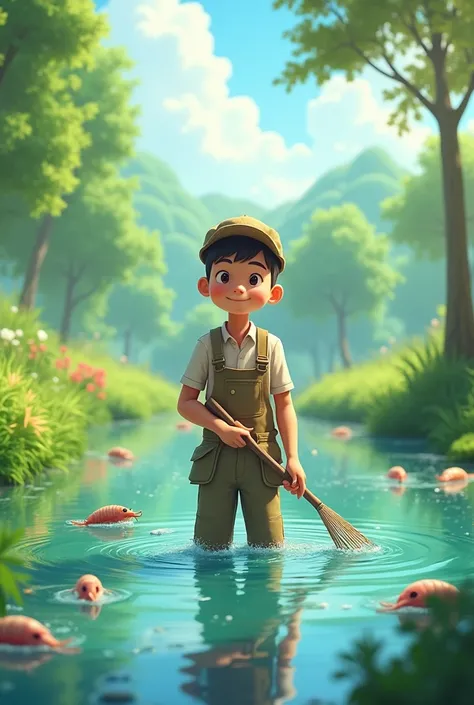 animated young shrimp farmer on the pond
