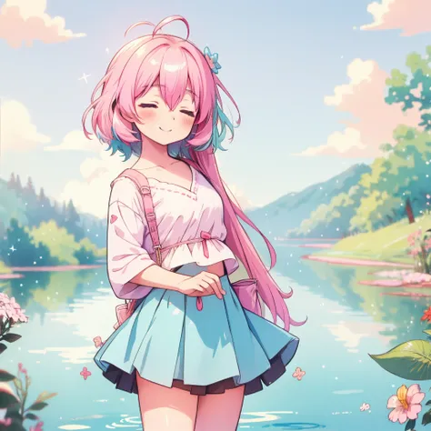 absurderes, hight resolution, (Anime style:1.1), ((masutepiece)), ((Best Quality)), (Ultra-detailed), (Beautiful), solo, Beautiful face、(liftup),Cute  tiptoe on the surface of beautiful lake deep in forest,Wind,Pink colorful hair, Colorful eyes,Cute summer...