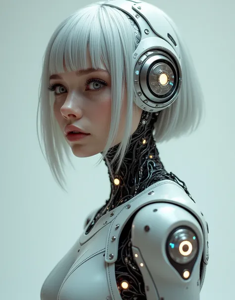 "A highly detailed, realistic photograph of a futuristic female cyborg with metallic components blending seamlessly into her skin. The cyborg has intricate mechanical details, with visible circuits and glowing lights embedded in her head and neck. Her faci...