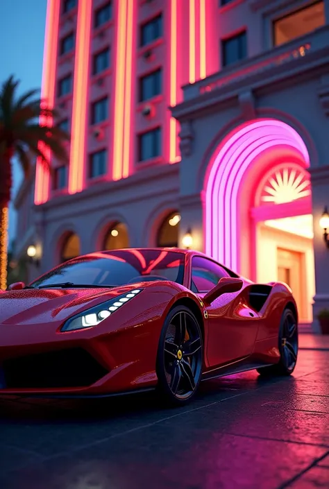 A Farrari stand behind the a luxury hotel in neon lights 