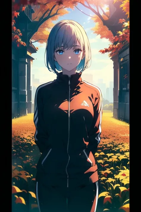 ((((Obra maestra, La mejor calidad, ultrahigh resolution)))), beautiful girl, standing, (((wearing a blue tracksuit))), (very short hair in view, in frame), pale skin, ((blue eyes)), (ultra detailed eyes:0.7, beautiful and detailed face, detailed eyes:0.9)...