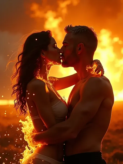 half naked woman is covered by flames and sparcles. Woman is on fire. Flames are on her face and  in her hair. Woman is kissing with passion gray-haired middle-aged man with short hair against fiery sunset. Mans hands are flammable. Love burns them both. F...