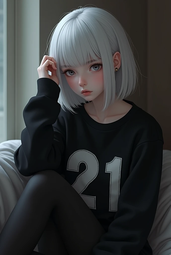 A stock black goth white haired girl wearing a number 21 shirt while sitting down wearing black tights with knees up at home