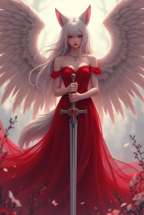 Girl with wolf ears and tail wearing a beautiful red dress her hands together holding a sword, And with 8 angelic anime style wings standing looking forward 