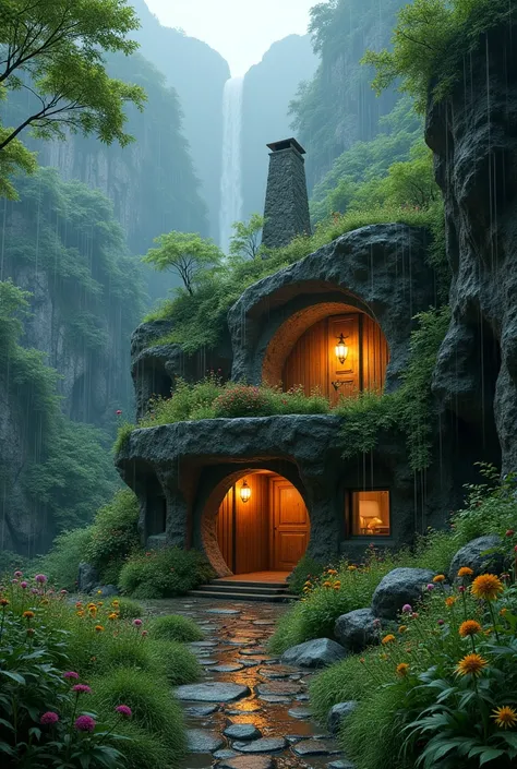 Beautiful cave house with light rain