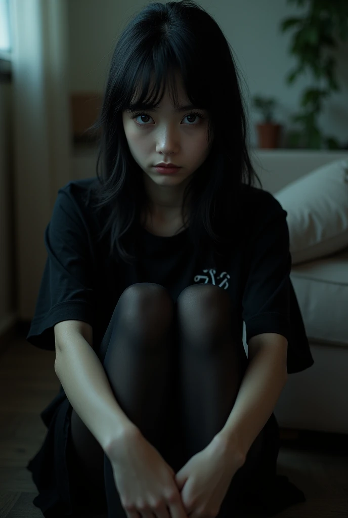 A stock photo of a goth black haired girl wearing a number 21 shirt while sitting down wearing black tights with knees up at home