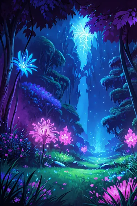 Fantasy world, overgrown forest, meadow, magic, neon glowing flowers, 