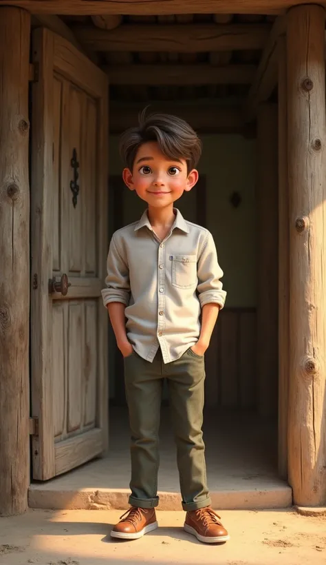 A boy standing in the village house, wear attractive clothes pants shirts, smiling good figure,