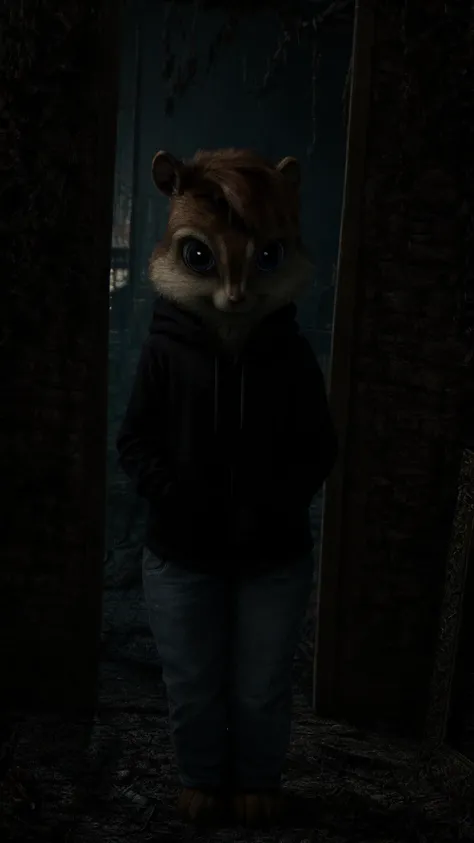 score_9, score_8_up, score_7, score_6, indoors, scary, dark, spooky house, brittany miller, chipmunk, furry, short ears, black hoodie, jeans, standing, looking at viewer, 6 inches tall