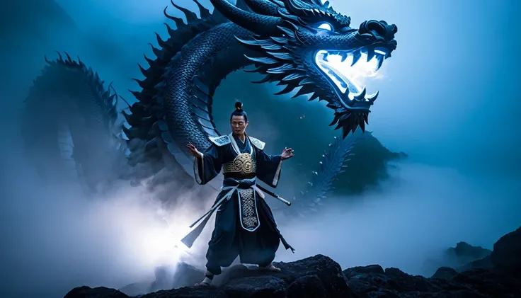 Create an epic and mystical scene featuring a powerful warrior in traditional East Asian attire, holding a radiant Chi symbol between his hands. The Chi symbol should glow with intense energy, illuminating the surroundings. Behind the warrior, depict two m...