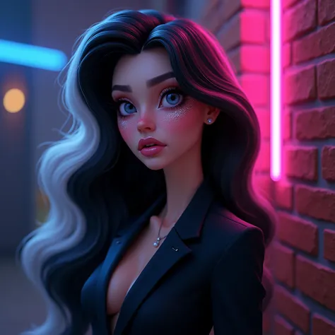 Pixar style, Ideal beautiful girl, Russian beautiful girl, ((black and white hair)), ideal long hair, big eyes, complex makeup, ((pouty lips)), big pink shiny lips, ((in a black business suit)) black, blue, purple, yellow, neon, pink, green, glitter. Backg...