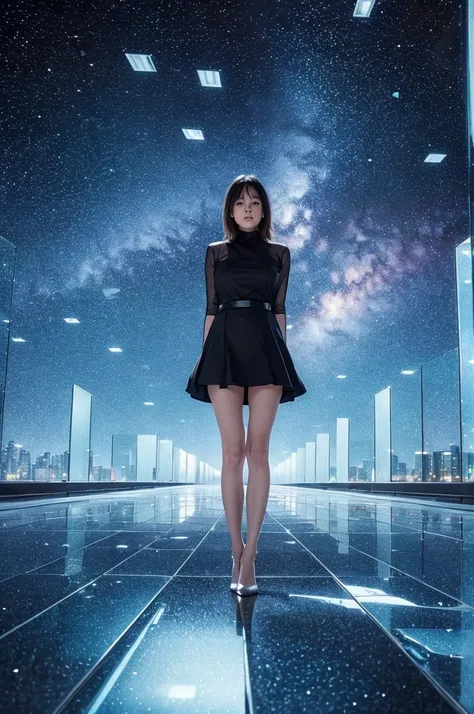 A woman in an empty city plaza, standing on a surface of shifting, transparent glass tiles. The ground beneath her is constantly moving, revealing glimpses of a swirling galaxy beneath. Her body appears to be dissolving into stardust from her feet upwards,...