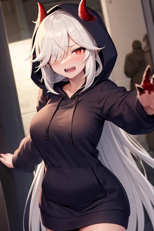 Tall and busty dragon girl　She has fluffy, cream-colored long hair with bangs covering one eye.　Red, sharp eyes　Jagged teeth　He is wearing a navy blue hoodie with the hood up.　Copper-colored horns protruding from the hood　In a dark alley at night, he sprea...